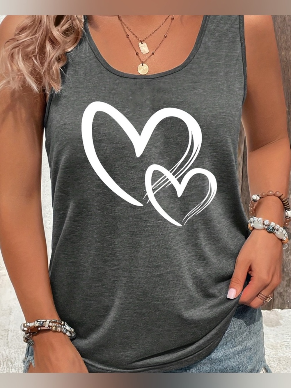 SHEIN Gray Tank Top with White Heart Design NWOT